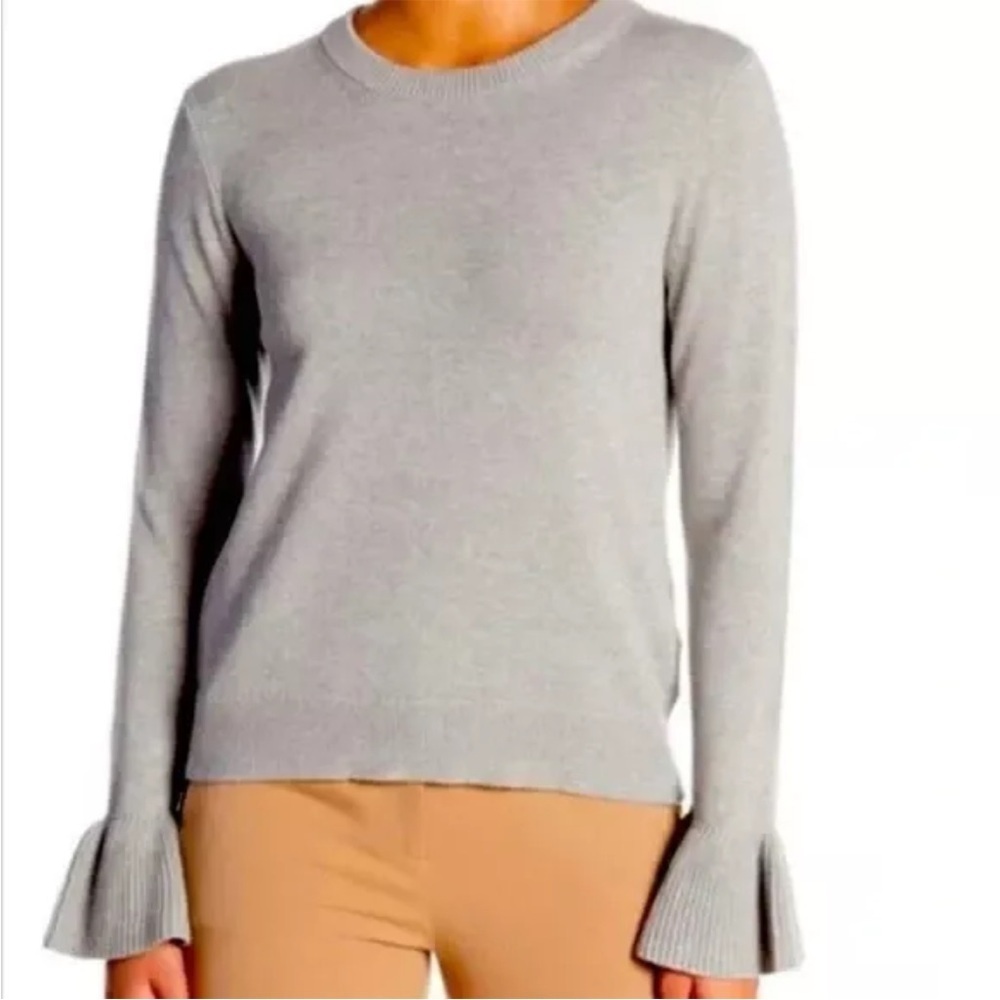 J Crew Grey Ruffle Long Sleeve Pullover Sweater Cotton Crewneck Knit Size Large